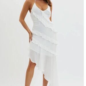 Arrabel Tiered Ruffle Asymmetric Midi Dress White